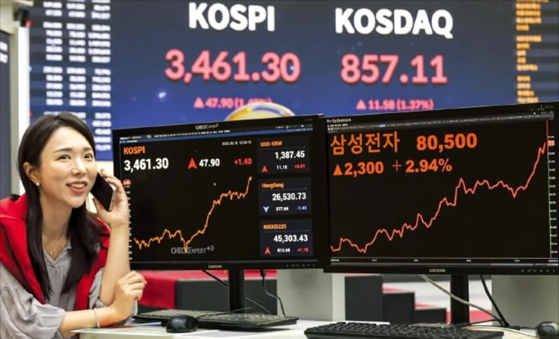 미국 기준금리 인하 사이클 재개와 정부의 증시 활성화 정책 기대에 힘입어 코스피지수가 18일 또다시 역대 최고치를 경신했다. 서울 여의도 한국거래소의 한 직원이 밝은 표정으로 업무를 하고 있다. 사진=임형택 한국경제신문 기자