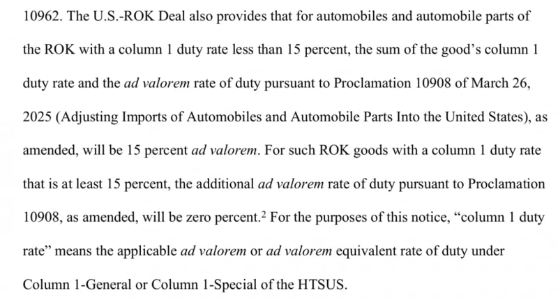 자동차 및 자동차 부품에 대한 관세율 인하를 규정한 대목. /미국 관보