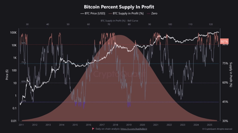 Bitcoin (BTC) 'Percent Supply in Profit' trend. Photo provided by CryptoQuant