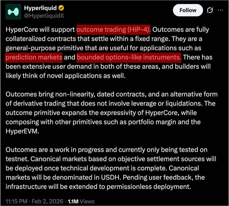 하이퍼리퀴드가 지난 2일 엑스(구 트위터)를 통해 'HIP-4' 제안을 발표했다. /사진=하이퍼리퀴드 엑스 갈무리