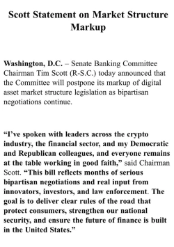米上院銀行委員会、暗号資産の市場構造法案のマークアップを延期…「超党派協議を継続」
