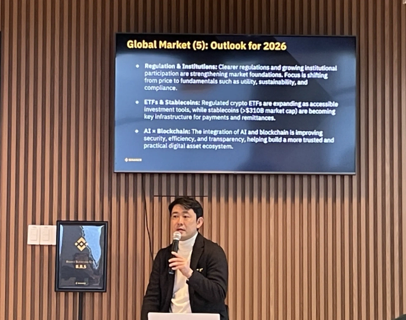 Takeshi Chino, CEO of Binance Japan, presents his 2026 outlook for the crypto market at the “3rd Binance BBS” held on Feb. 11 in Seodaemun-gu, Seoul. / Photo = Kang Min-seung, Bloomingbit reporter