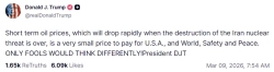 Trump: "Higher oil prices are a small price for peace…will fall if Iran’s nuclear threat is removed"