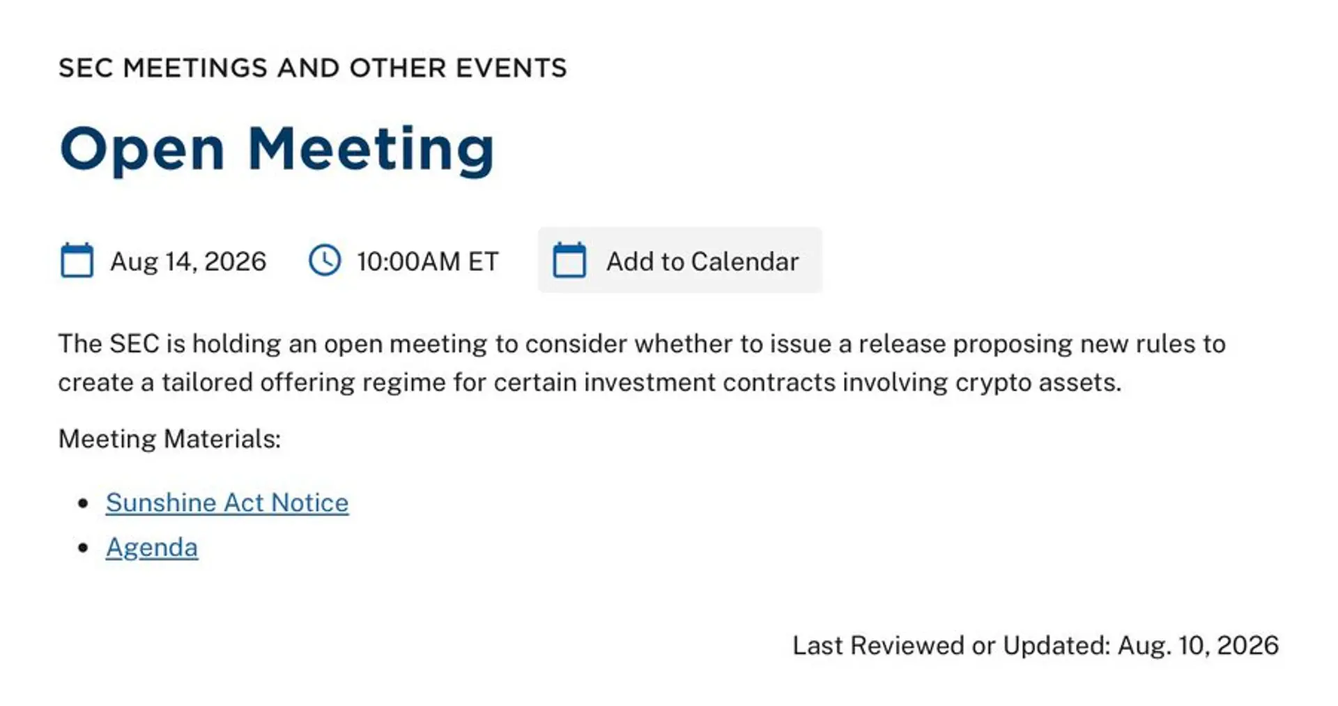 SEC to Consider Tailored Offering Rules for Crypto Investment Contracts at Aug. 15 Meeting