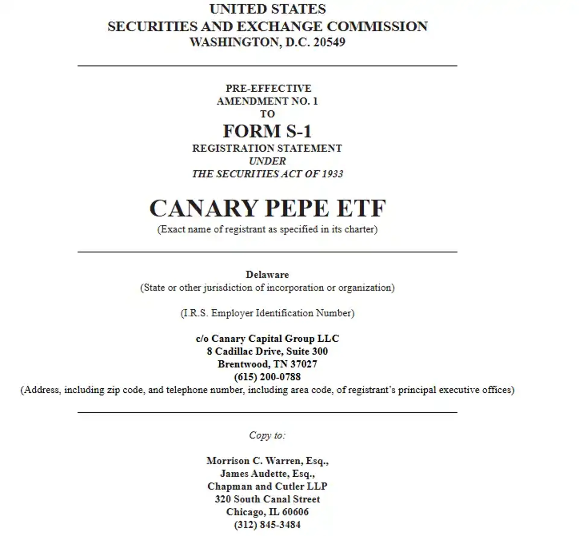 Canary Capital Seeks Listing of Spot Pepe ETF