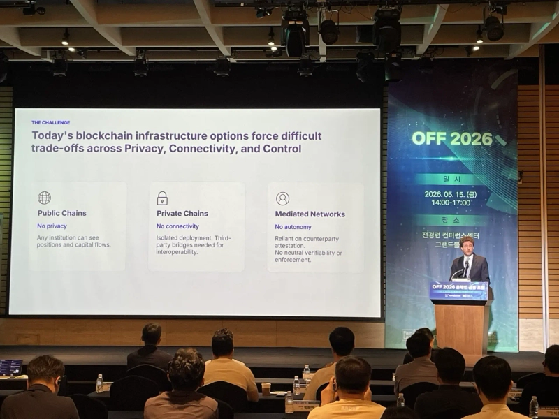 5月15日、ZKsync財団のマルコ・コラ代表がソウル・汝矣島のFKIタワーで開かれたOFF 2026(On-chain Finance Forum 2026)で講演している。写真:カン・ミンスン/ブルーミングビット記者