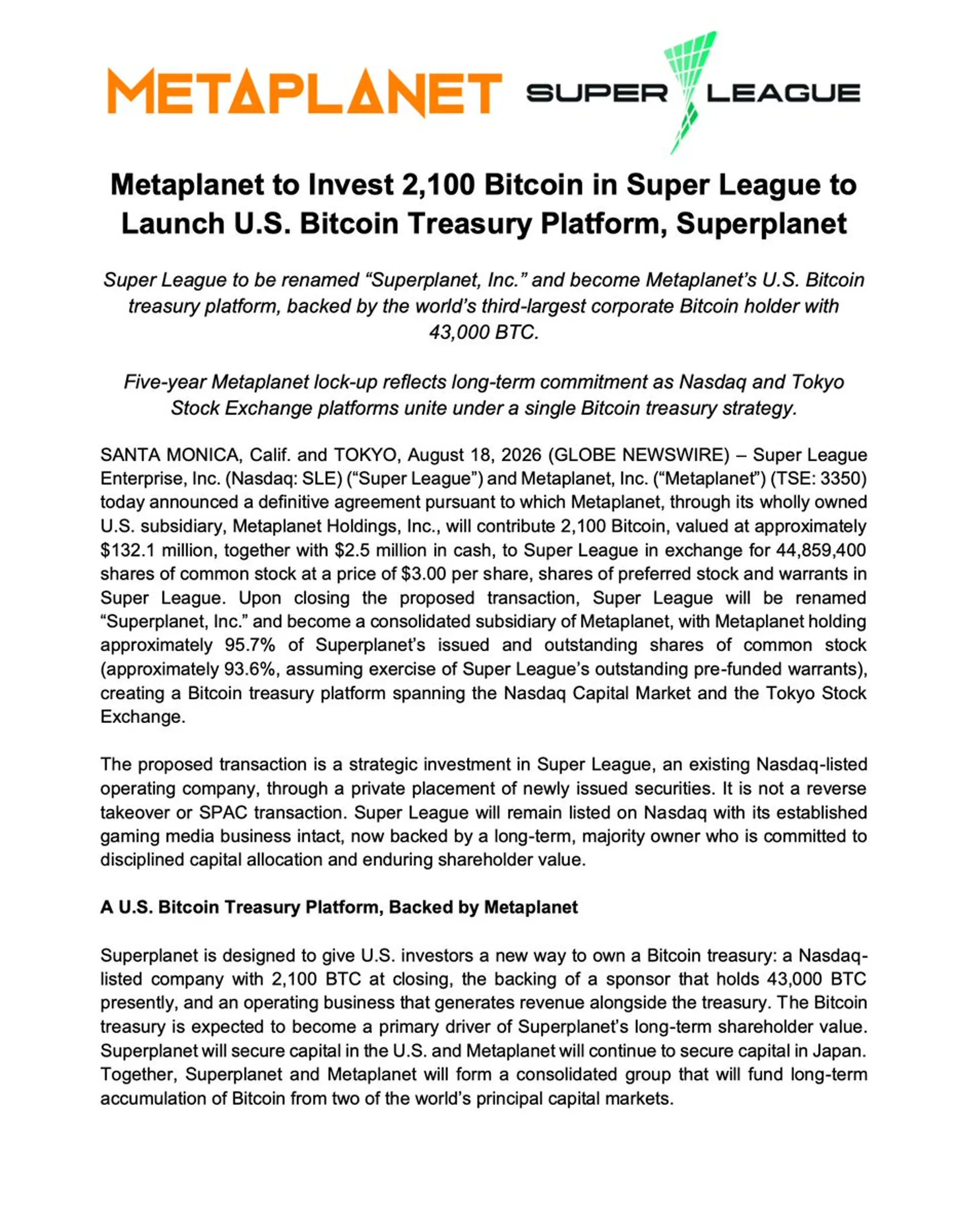 メタプラネット、2,100ビットコインでナスダック上場のSuper League買収を検討