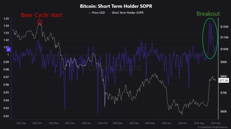 ビットコイン(BTC)の短期投資家(STH)SOPR(Spent Output Profit Ratio)指標の推移。写真:CryptoQuant