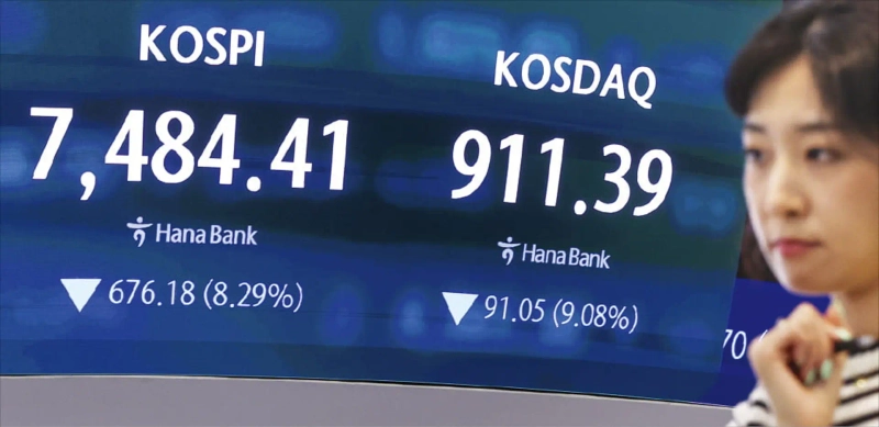 < 9000 넘보던 코스피 털썩 > 지난 5일 미국 나스닥지수가 4%대 급락한 여파로 코스피지수가 8일 8.29% 하락한 7484.41, 코스닥지수는 9.08% 내린 911.39에 장을 마쳤다. 서울 을지로 하나은행 딜링룸 전광판에 종가가 표시돼 있다. 임형택 기자