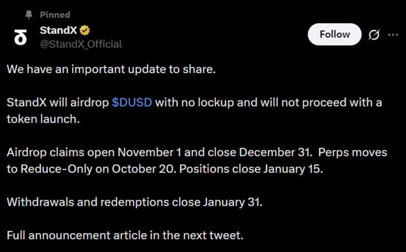 Photo: Screenshot of StandX's X account