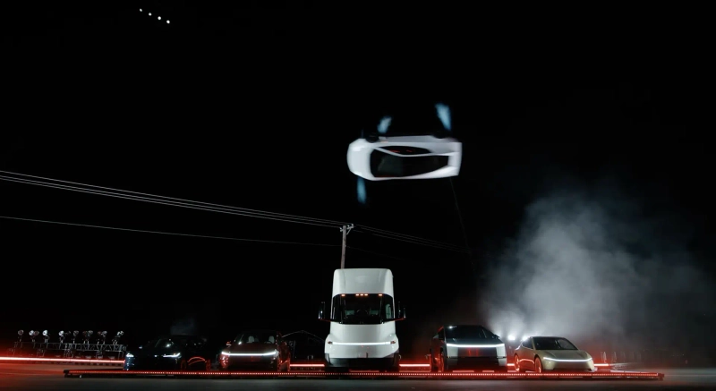 Tesla’s new Roadster lifts into the air using gas thrusters during a public event held on Oct. 15 at a SpaceX test facility in Texas. Photo: Tesla YouTube capture