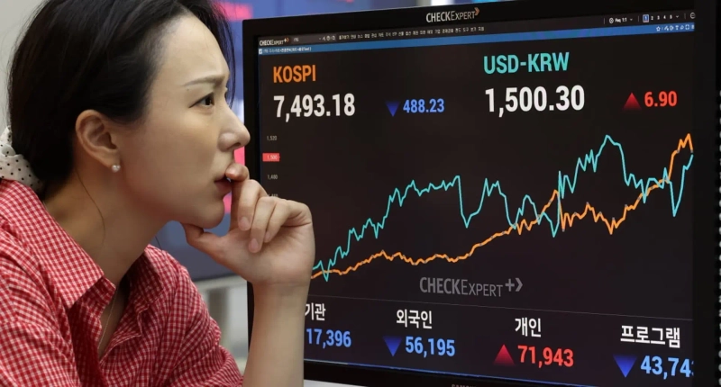 코스피가 장중 사상 처음으로 8000포인트를 돌파했다가 7490선에서 거래를 마감한 15일 오후 서울 여의도 한국거래소 전광판에 종가가 표시되고 있다. /사진=한경DB