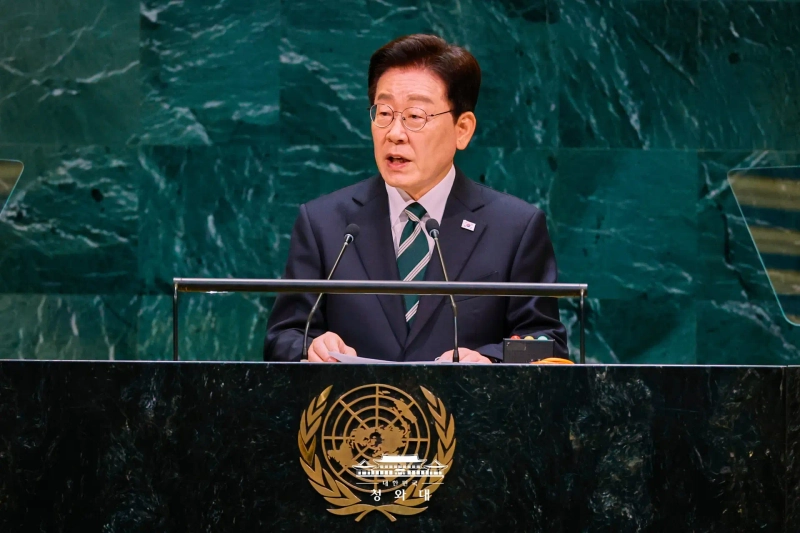 이재명 대통령이 22일(현지시간) 미국 뉴욕 유엔본부에서 열린 제81차 유엔총회 기조연설에 나서 발언하고 있다. 사진=청와대
