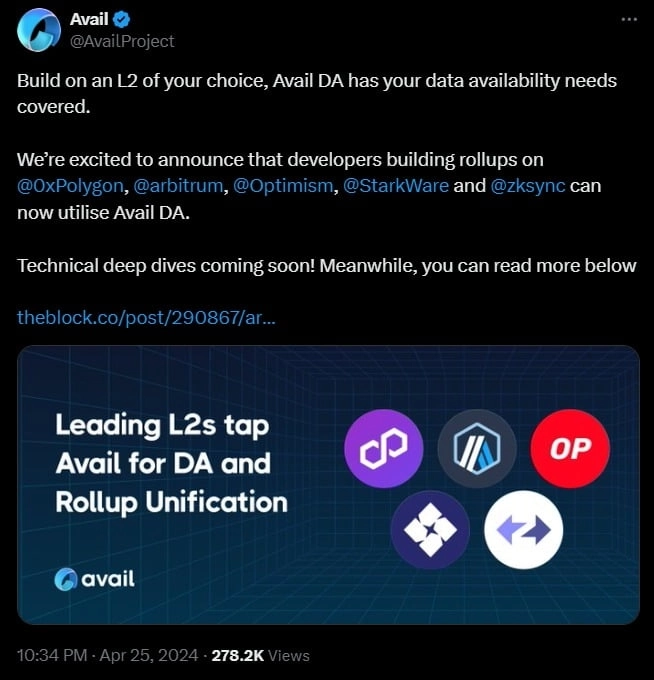 지난 4월 25일 어베일(AVAIL)은 공식 X에서 주요 레이어2 프로젝트와 협업을 통해 데이터 가용성을 최적화 하겠다고 발표했다. / 사진=어베일 X