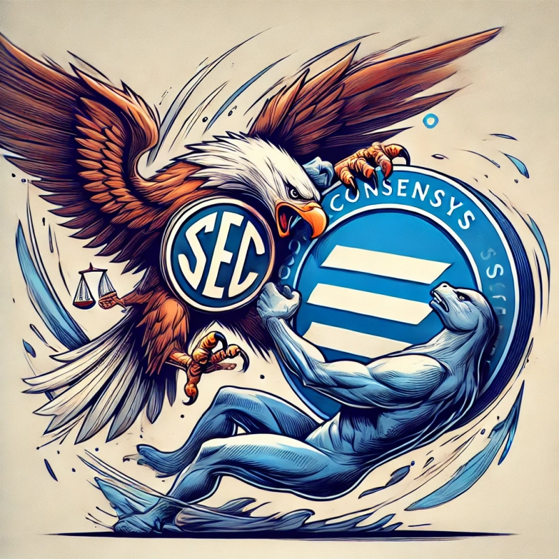An illustration of two logos, one representing the U.S. Securities and Exchange Commission (SEC) and the other representing Consensys, depicted as if they are fighting against each other. The SEC logo, featuring an eagle, is drawn in a dynamic, combative posture, while the Consensys logo, a circular blue design, is similarly posed as if defending itself. The background is simple, focusing on the action and tension between the two logos. There should be motion effects to emphasize the intensity of the fight.