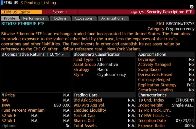 블룸버그 터미널에 등장한 비트와이즈 이더리움 현물 ETF /사진=제임스 세이파트 X