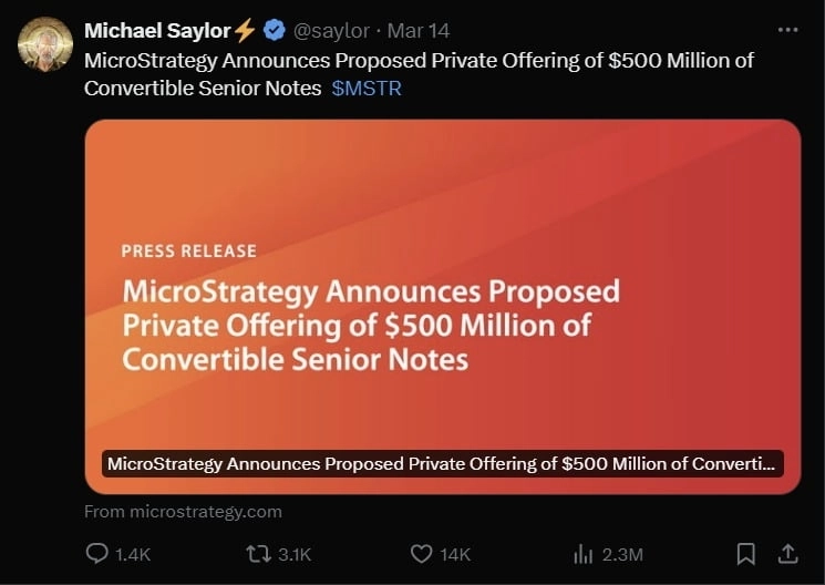 마이클 세일러 마이크로스트래티지 회장은 지난 14일(현지시간) X를 통해 5억 달러 규모의 전환사채 발행 소식을 밝혔다. / 출처=마이클 세일러 X 캡처