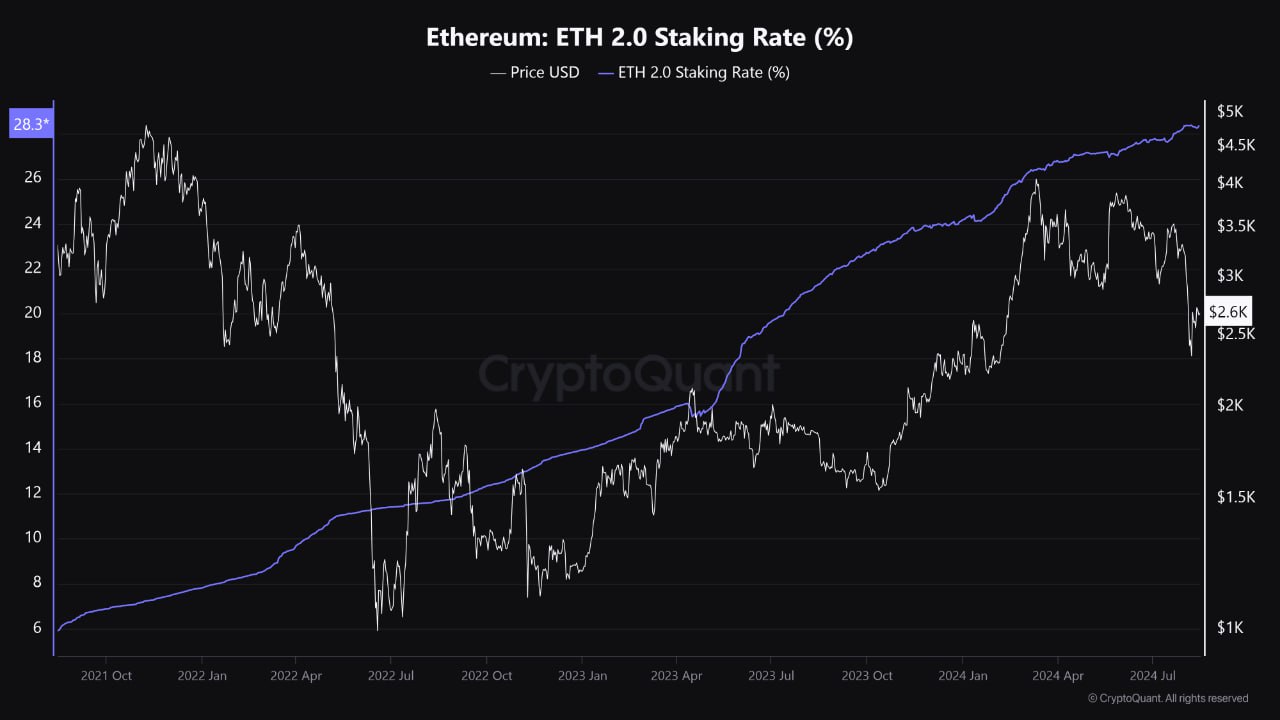 이더리움 스테이킹 비율, 가격 조정에도 증가 추세