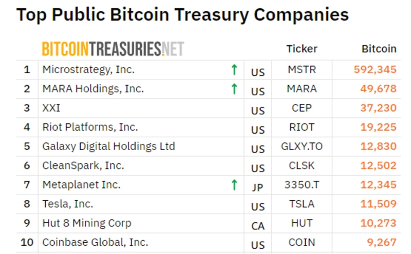 グローバル上場企業ビットコイン備蓄順位/写真=Bitcoin Treasuries