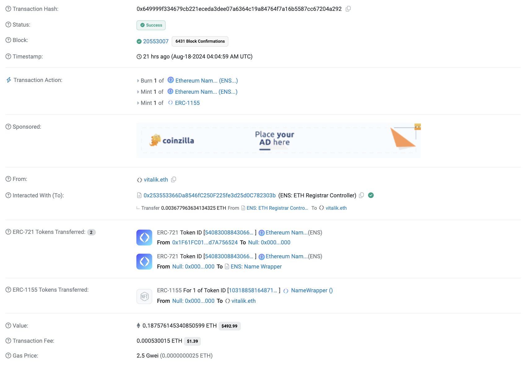 비탈릭 추정 주소, Dacc.eth 도메인 등록