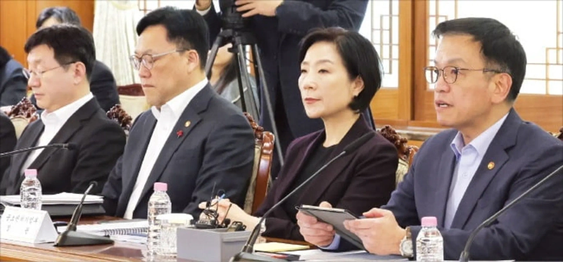Acting President Choi Sang-mok received work reports from the Ministry of Trade, Industry and Energy, the Ministry of SMEs and Startups, the Financial Services Commission, and the Fair Trade Commission on the 8th. From left: Seong Tae-yoon, Presidential Office Policy Chief, Kim Byeong-hwan, Chairman of the Financial Services Commission, Oh Young-joo, Minister of SMEs and Startups, Acting President Choi. /Kim Beom-jun, Reporter