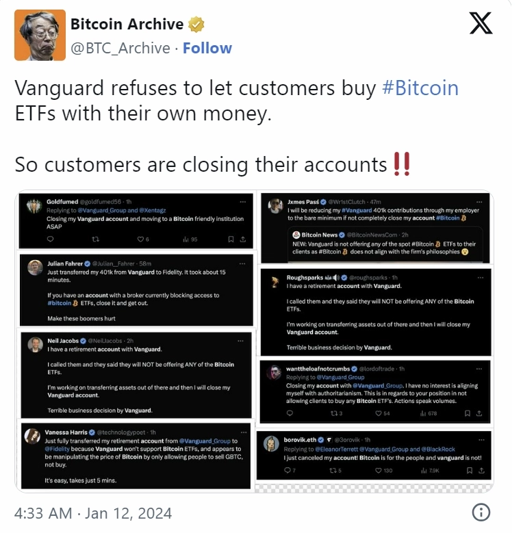 뱅가드 이탈을 선언하는 X 이용자들 / 비트코인아치브 X 캡처