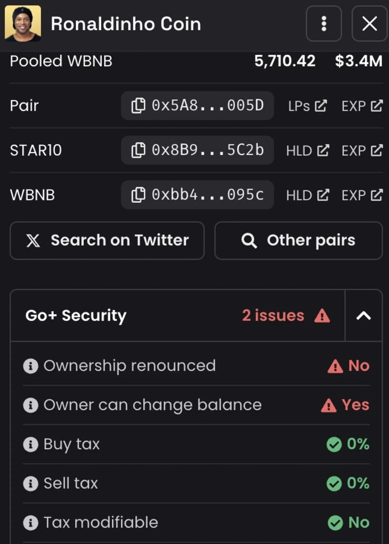 호나우지뉴 밈코인, 심각한 보안 문제 있어
