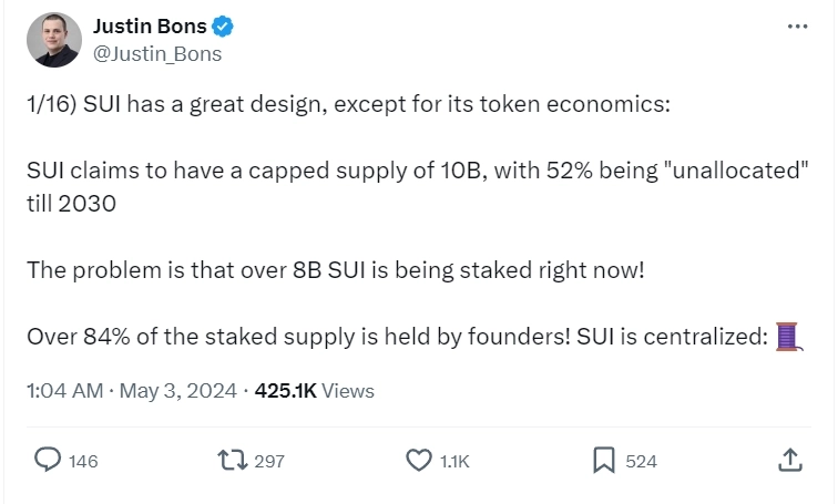 3일(현지시간) 저스틴 본스(Justin Bons) 사이버캐피털 창업자는 X(옛 트위터)를 통해 수이의 토크노믹스에 대한 의혹을 제기했다. / 출처=저스틴 본스 X 캡처